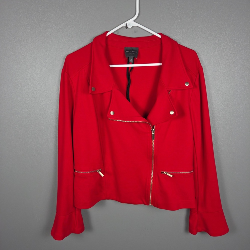 The Limited Womens Moto Jacket XL Red Ruffle Bell Sleeve Zip Front Stretch
